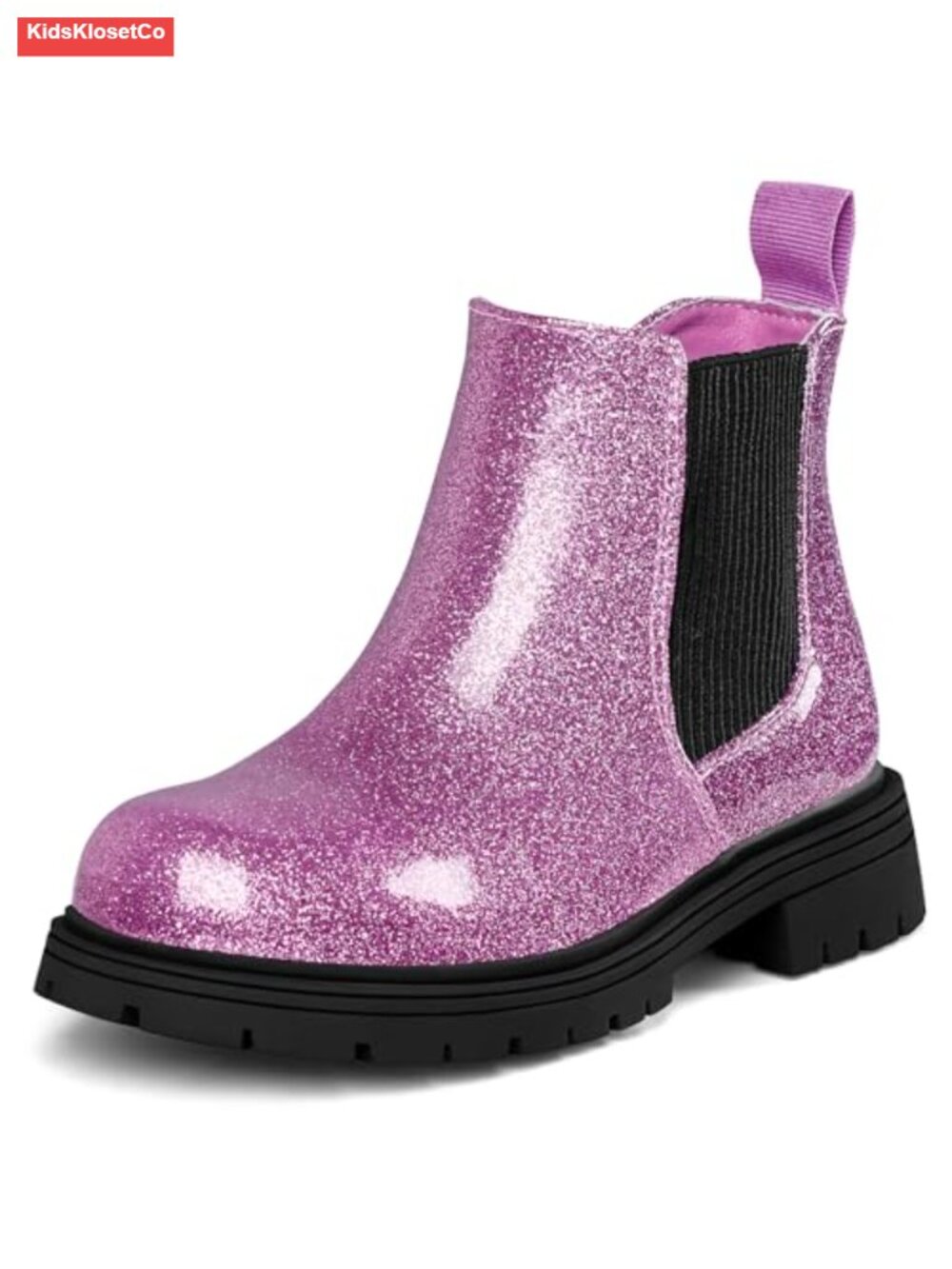 Girls Glitter Chelsea Ankle Boots Side Zipper Lug Sole Waterproof